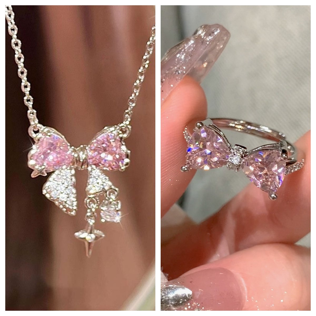 红粉色蝴蝶结项链搭配粉钻蝴蝶戒指学生甜酷少女锁骨链百搭轻奢,饰品/流行首饰/时尚饰品新,项链,淘宝优惠券,粉丝福利购,淘宝优惠卷