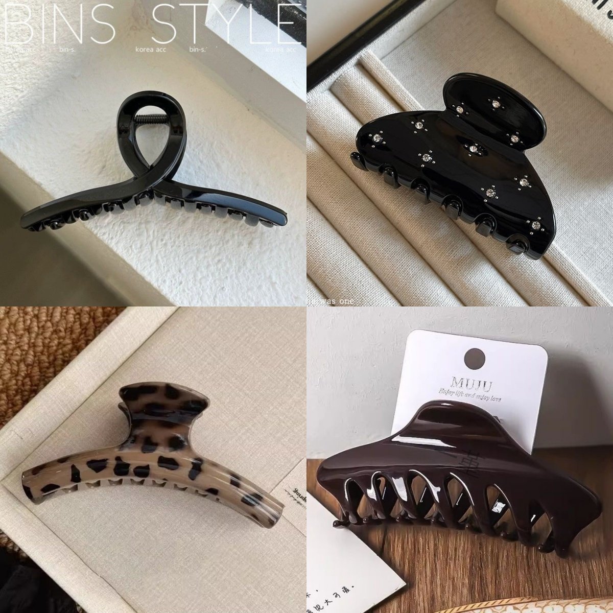 韩式高级亮黑色镶钻豹纹大号抓夹发量多后脑勺盘发鲨鱼夹简约发饰