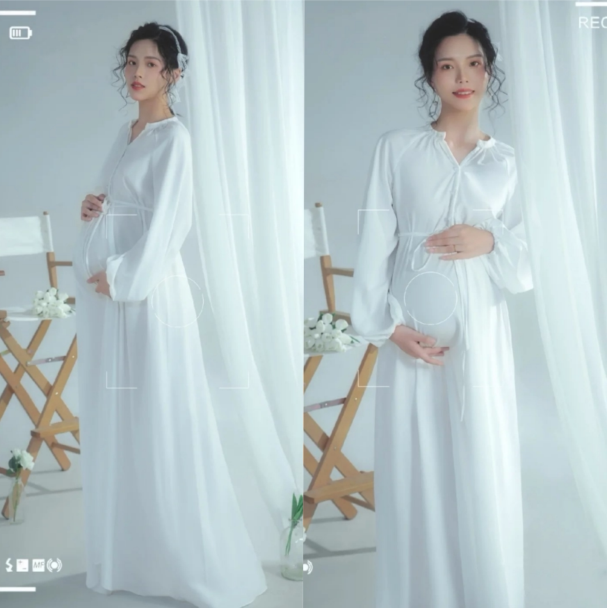 甜美白裙衣服孕妈大肚拍照摄影服