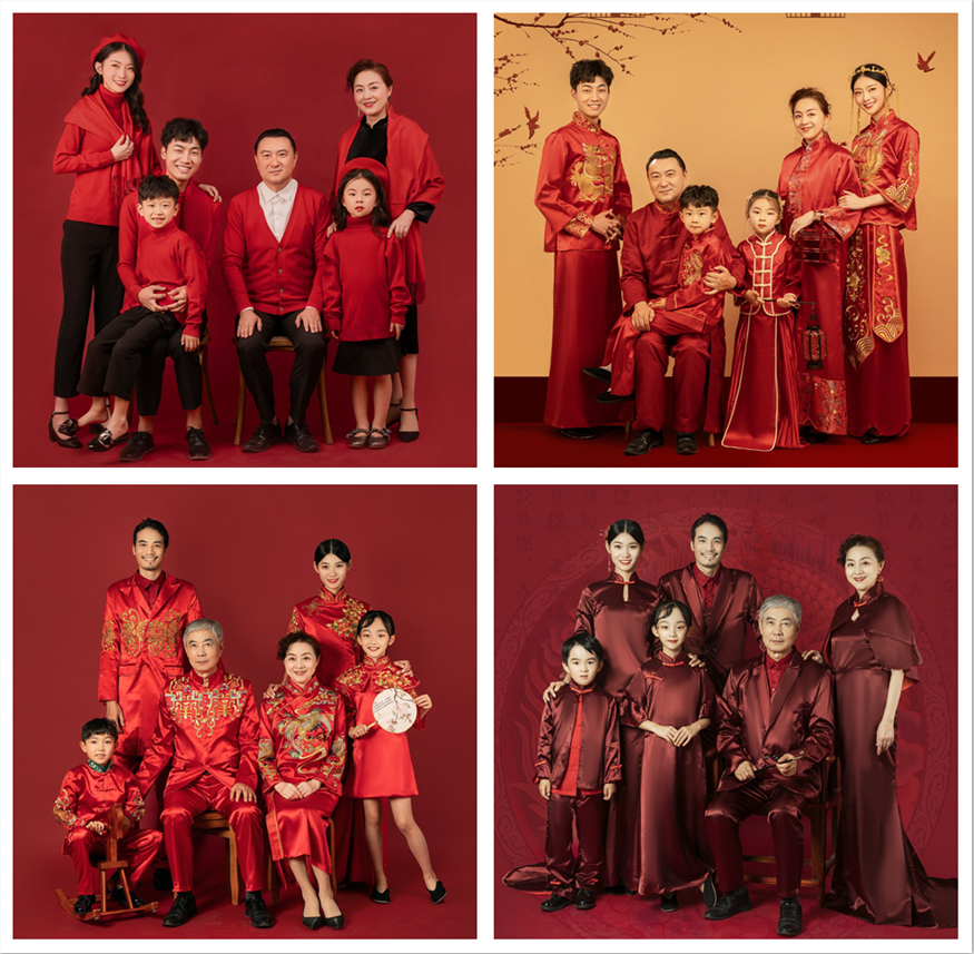 红色喜庆全家福拍照摄影服装 孕妇影楼一家6口摄影全家福唐装新款