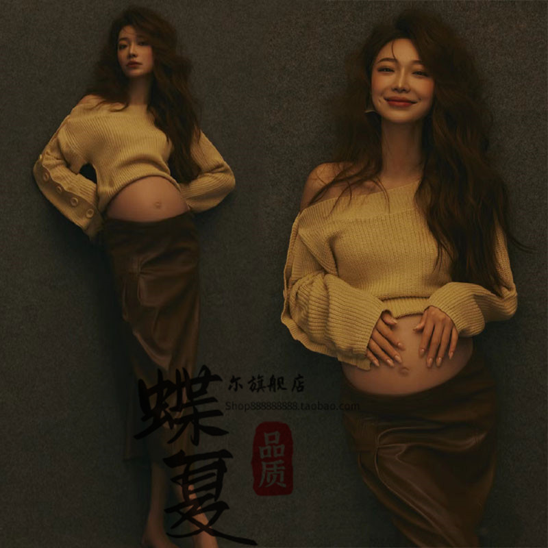 影楼秋季新款孕妇写真主题拍照服装美式棕色复古半身长款皮裙套装
