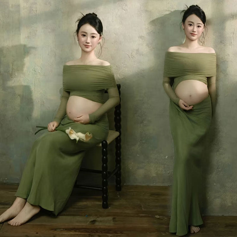 孕妇一字肩绿色长裙影楼摄影服装高级感轻奢风显瘦艺术照写真服装