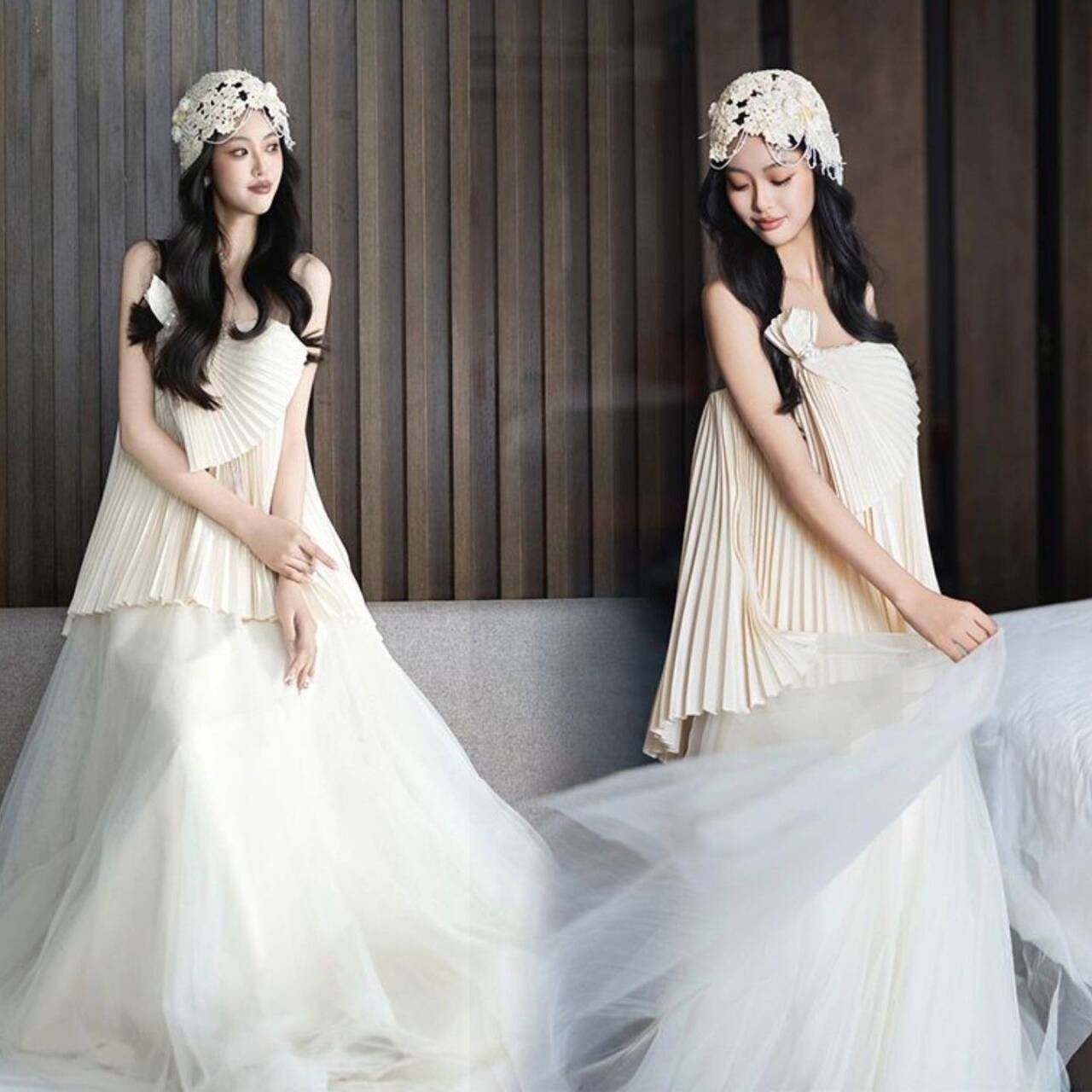 影楼新款礼服法式新娘高级百褶白色抹胸婚纱轻奢订婚连衣裙摄影,孕妇装/孕产妇用品/营养,影楼服装,淘宝优惠券,粉丝福利购,淘宝优惠卷