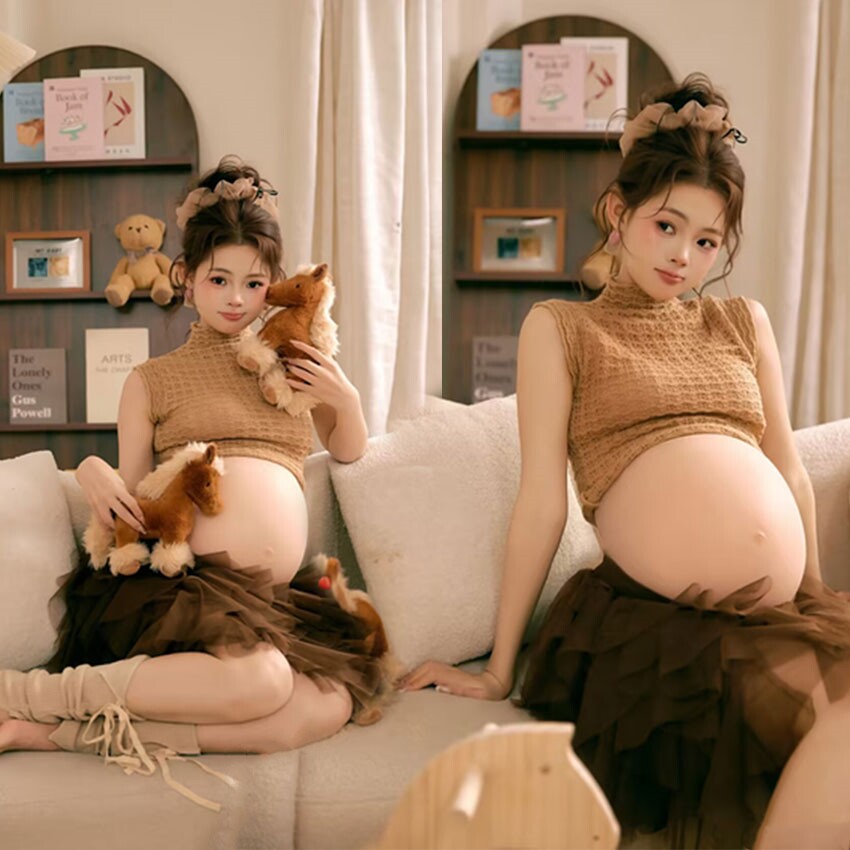 复古甜美风半高领无袖背心孕妇影楼摄影服装高级氛围感艺术照片