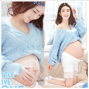 影楼孕妇写真服装 时尚 孕妇拍照服装 新款 孕妇照片妈咪摄影蓝色毛衣