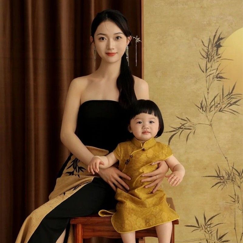 影楼新款亲子套装宝宝旗袍夏季新中式中国风高级复古亲子写真服饰