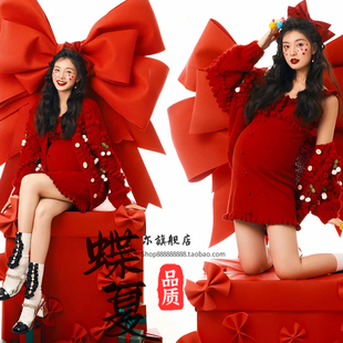 孕妇圣诞主题服装新款影楼新年红色针织连衣裙甜美孕妈咪写真服饰