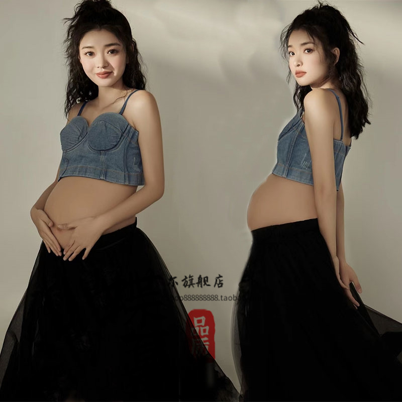 影楼孕妇摄影服装新款美式牛仔吊带背心鱼骨上衣夏季中长款裙套装