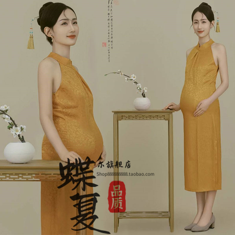 影楼孕妇拍照服装黄色晨袍旗袍裙