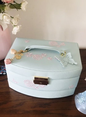 新款蓝色首饰盒收纳盒皮革定制欧式礼物首饰盒高档耳环戒指大容量