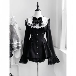 哥特风量产蕾丝喇叭袖 洛丽塔lolita裙蕾服 口水巾收腰连衣裙女套装