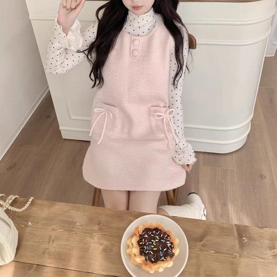 高领打底衫毛呢粉色背带连衣裙女