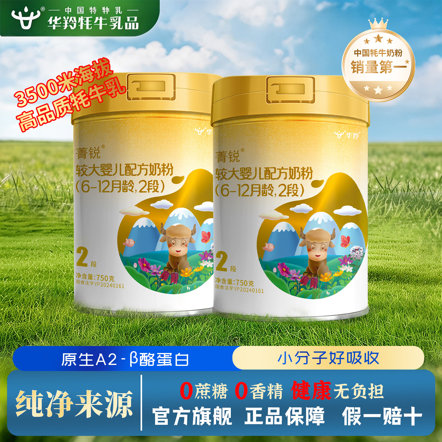 华羚菁锐牦牛奶粉婴幼儿配方奶粉2段二段(6-12月龄)750g罐装婴配