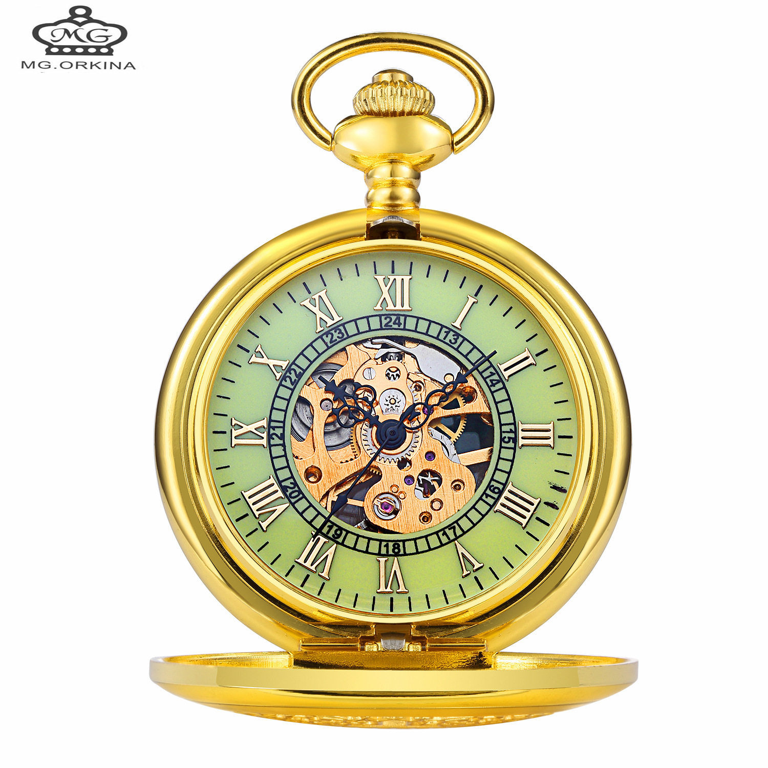 镂空手动机械怀表金夜光罗马字mens retro quartz pocket watch