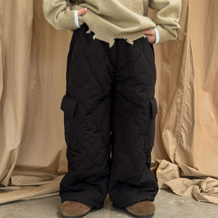SAELAC工装裤男童痞帅风加棉直筒裤加厚潮牌炸街菱格复古绗棉长裤