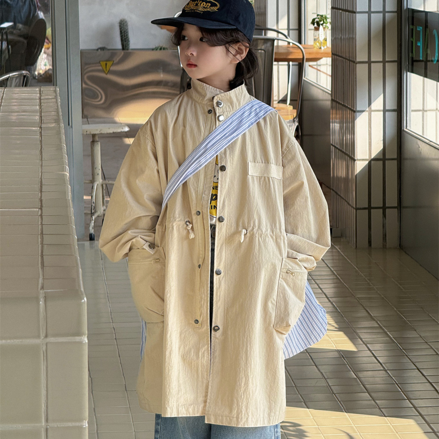 SAELAC韩版洋气中长款男女儿童风衣时尚洋气时髦抽绳收腰立领外套