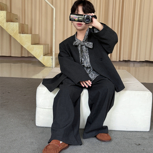 SAELAC灰色男童装西装套装2025新款帅气时髦潮酷英伦风休闲两件套