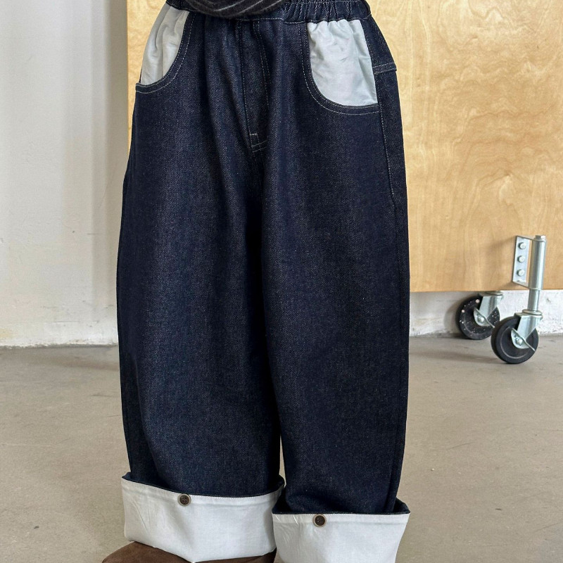 SAELAC男童加绒牛仔工装裤时尚潮牌撞色拼接卷边裤子痞帅风深蓝色