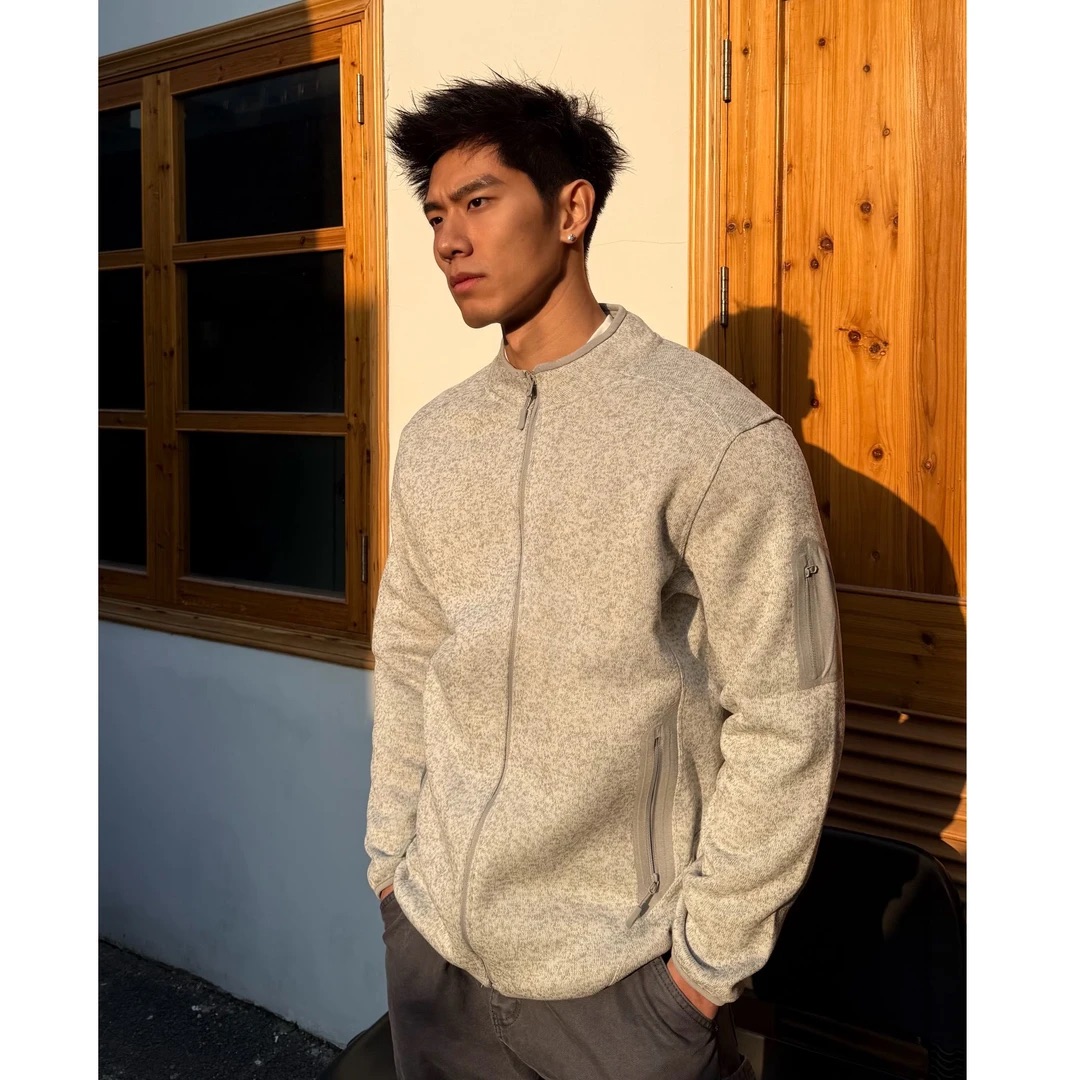 美式抓绒简约仿羊毛拉链立领外套