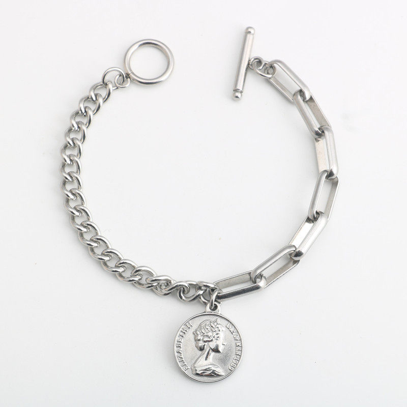 欧美伊丽莎白硬币纪念币女王头像圆牌吊坠钛钢一字扣OT扣男女手链