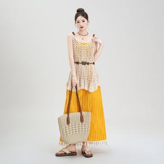 黄色波西米亚风吊带连衣裙子女夏季新款流苏镂空罩衫背心两件套装