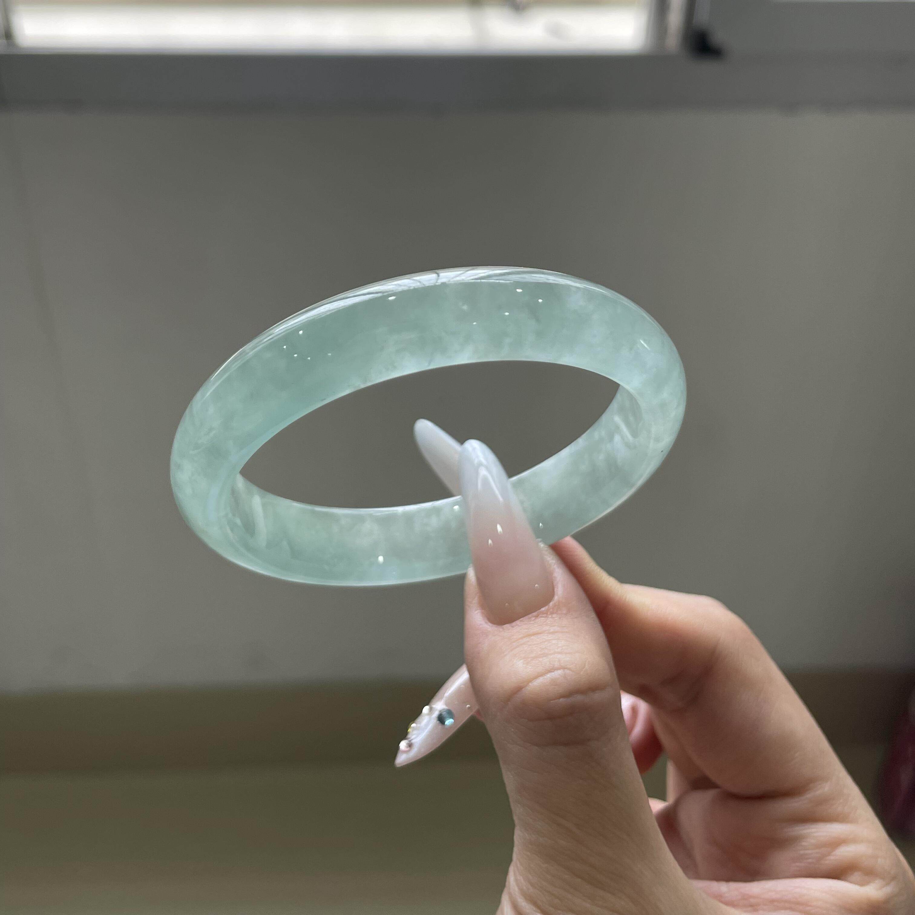 青泽雅粹缅甸糯冰种油青色翡翠手镯淡绿色扁条玉镯子翡翠处理女款