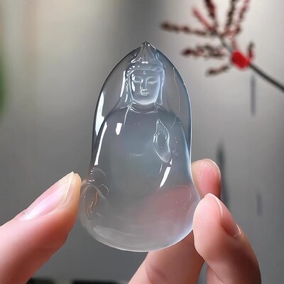 蓝水玻璃种翡翠平替天空蓝素衣观音玉石独龙玉冰种守护神吊坠挂件