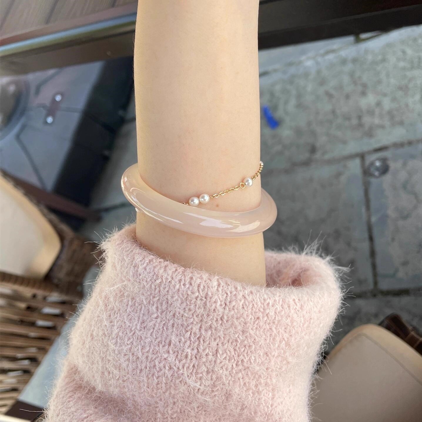高冰种粉玉髓玛瑙手镯扁条甜美