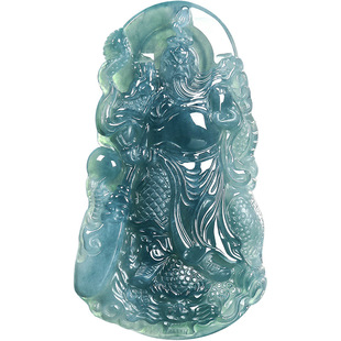 天然A货翡翠关公吊坠双面雕男士蓝水御龙武财圣玉石挂件玉佩危料