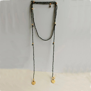 中古开放式藏青色爆闪水晶质感小蜜蜂长项链韩国朴夫人同款毛衣链