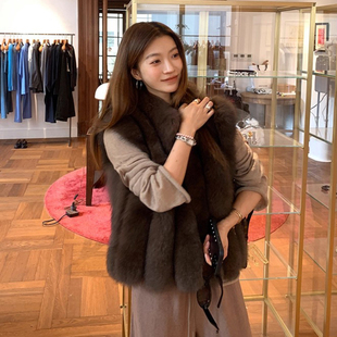 短款韩版时髦叠穿芬兰仿蓝狐背毛立领竖排皮草马甲