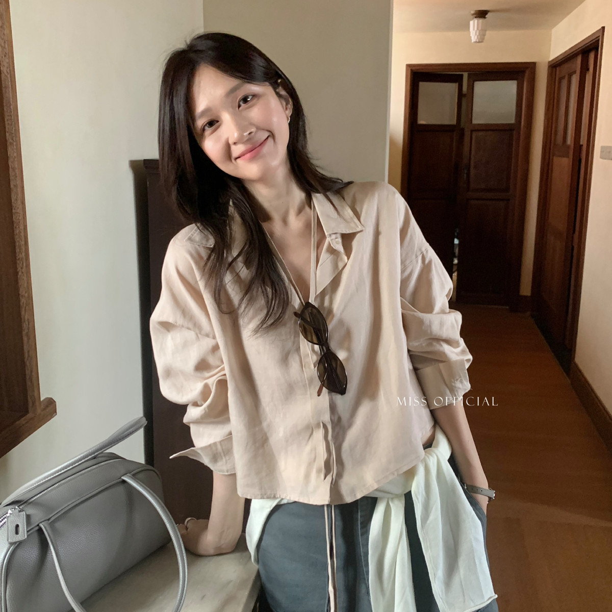 早秋上新亚麻设计感抽绳系带～气质小女人衬衫(含30麻料)