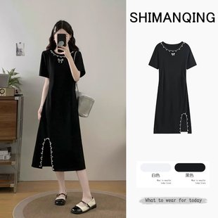 胖mm巨显瘦遮肚正肩连衣裙 法式 赫本风黑色高级感裙子夏季 大码 女装