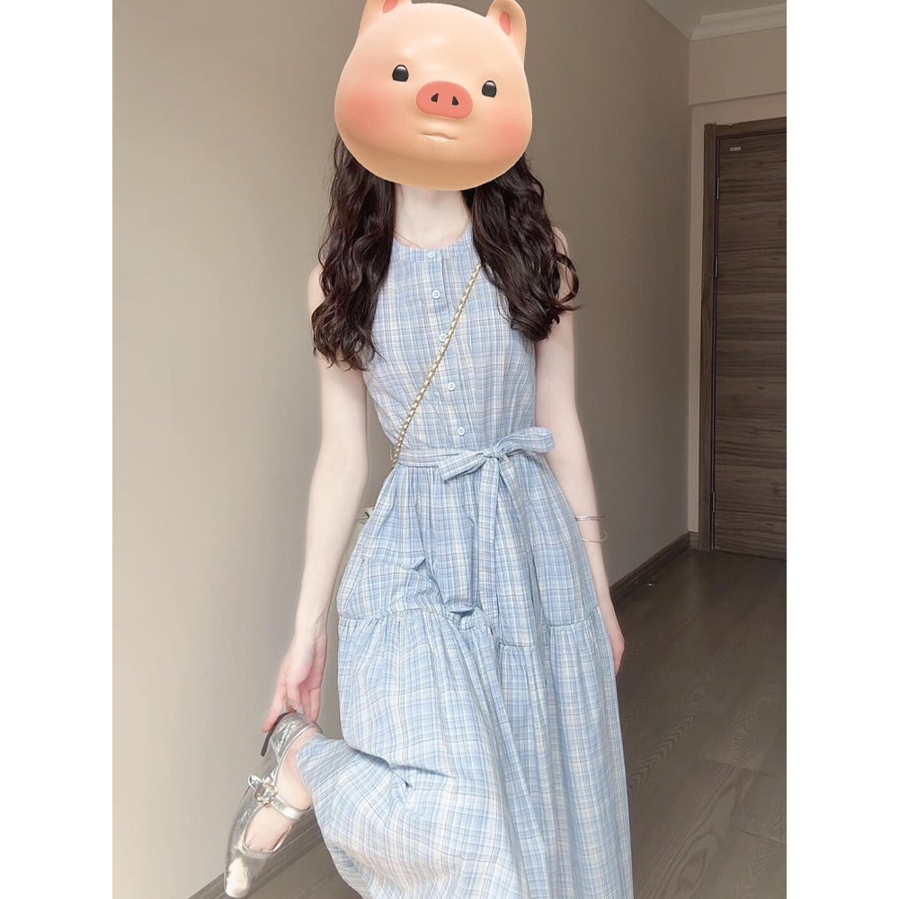 蓝色无袖背心连衣裙子女夏季2025新款茶歇法式气质高级感格子长裙