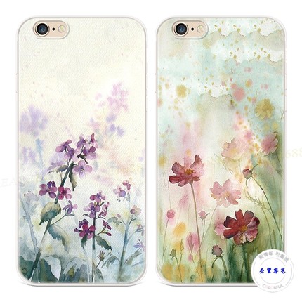 水彩紫花适用于iPhone8苹果13手机壳7plus文艺6s简约14promax女款软5se第一1二2三3代五六七八