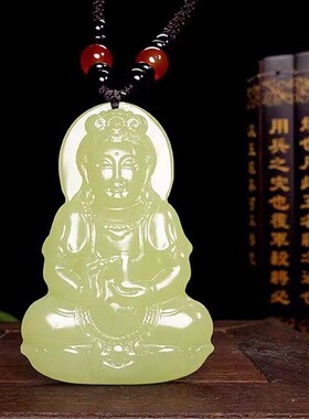 阿富汗玉观音菩萨浅黄色面雕观世音吊坠男士挂件坐莲观音玉坠平安