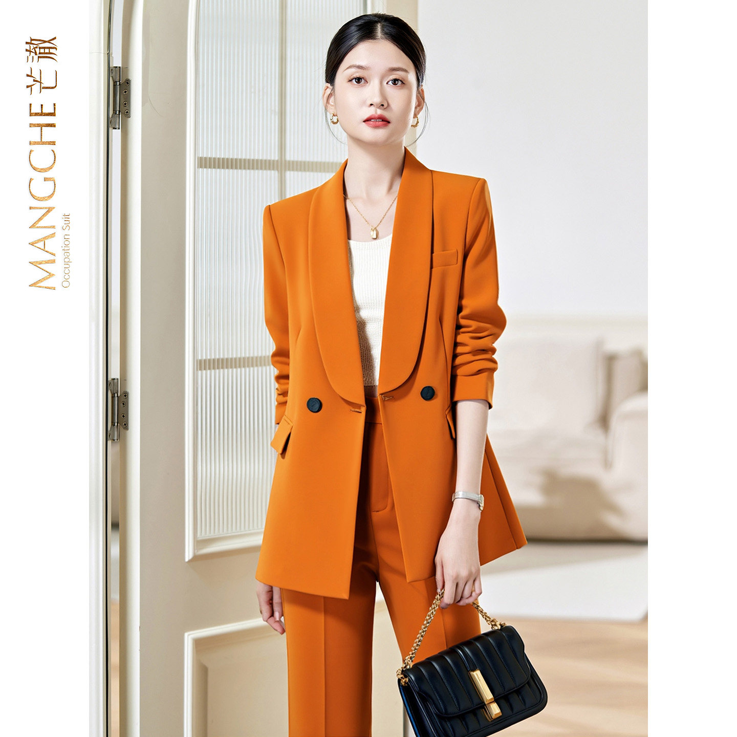 高端职业西装外套女春秋时尚长袖橘色西服套装通勤修身气质工作服