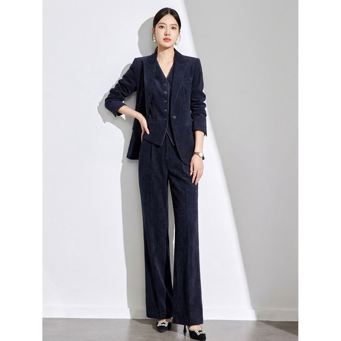 老钱风藏青色长袖西装套装女装职场商务高级感阔腿裤三件套通勤风,女装/女士精品,西装,淘宝优惠券,粉丝福利购,淘宝优惠卷