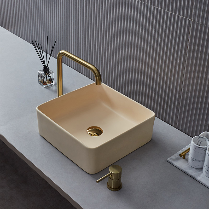 金士莱 莫兰迪米黄台上盆艺术盆人造石洗手盆卫生间面盆方形个性