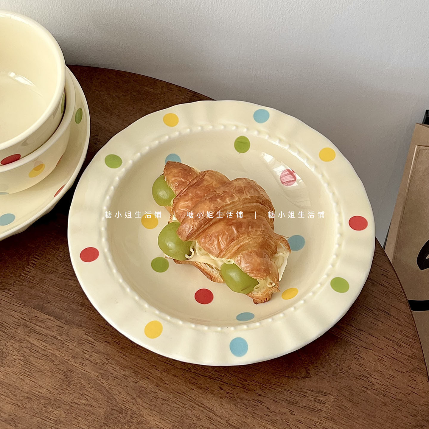 糖小姐 奶油风ins盘子缤纷彩色波点陶瓷餐盘高颜值菜盘早餐盘餐具