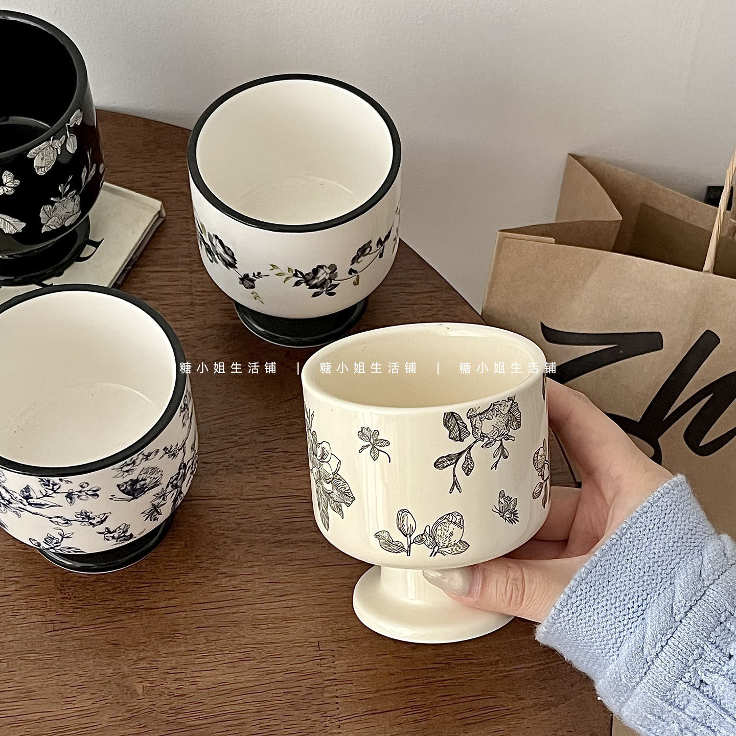 复古高级感山茶花陶瓷高脚甜品杯
