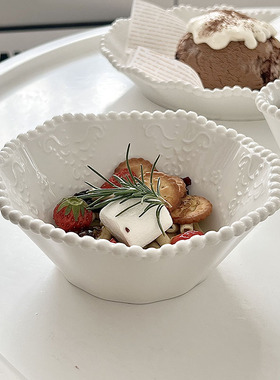 糖小姐 外贸ins法式浮雕陶瓷碗白色米饭甜品碗高级燕麦酸奶碗餐具