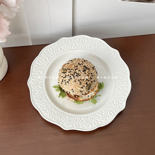糖小姐 法式复古餐盘家用白色浮雕平盘高级感陶瓷盘子甜品盘餐具