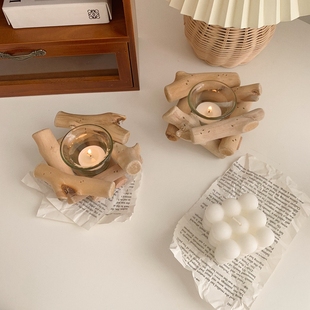 ins风木质烛台摆件漂流木复古玻璃烛台桌面摆件咖啡店装饰道具