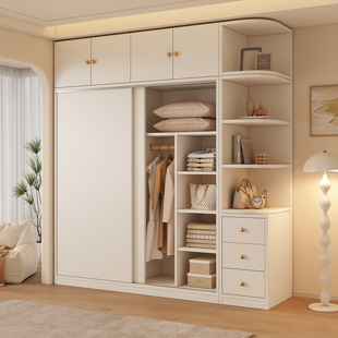 衣柜家用卧室简约奶油风出租房用简易衣橱小户型推拉门儿童挂衣橱