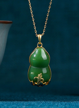 2024复古风项链女中国风古法镀金福禄葫芦仿玉石吊坠旗袍汉服搭配
