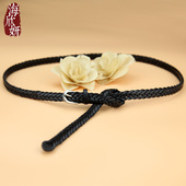 腰带女士真皮头层牛皮细编织打结软皮带黑色百搭装 饰配连衣裙夏季