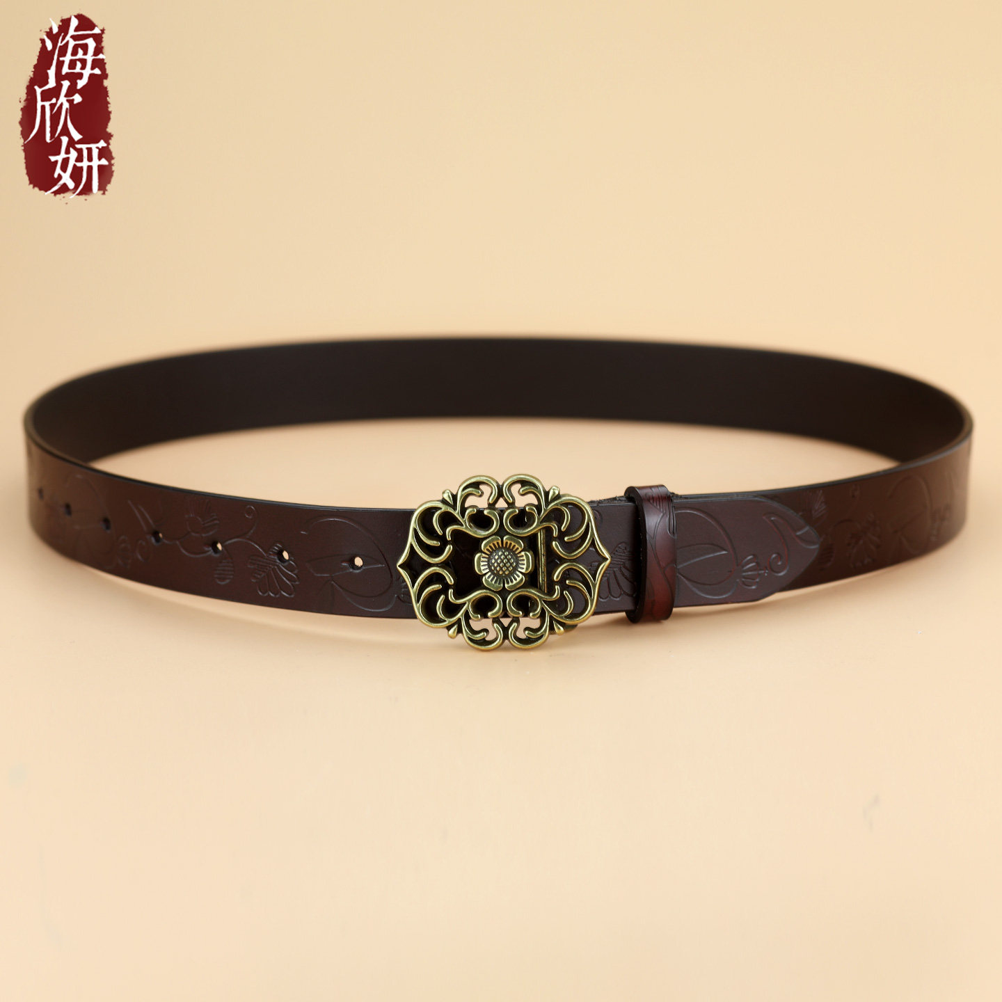 皮带女真皮牛皮深咖色美式复古风宽腰带压花百搭装饰配裙牛仔裤带