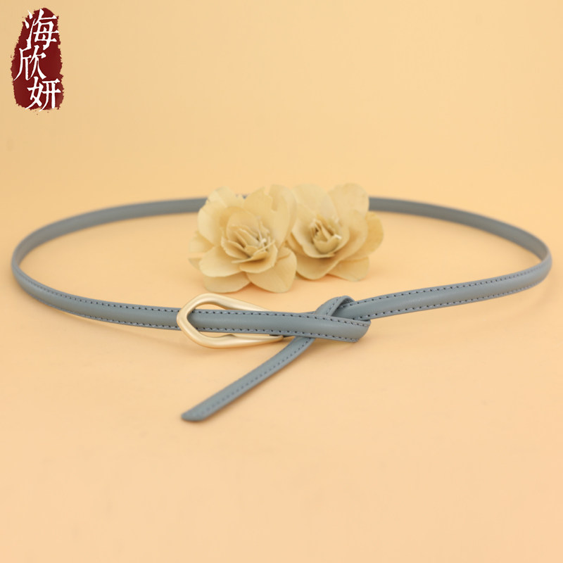 小腰带女真皮牛皮蓝色高级感打结细皮带时尚百搭夏季装饰配裙裤带