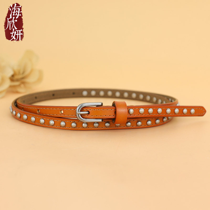 细腰带女真皮牛皮棕色小众设计感铆钉皮带时尚百搭装饰配裙子裤带